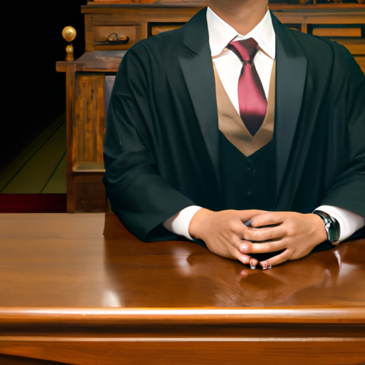 תצלום של גבר בחליפה יושב בחדר משפט.